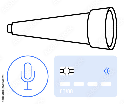 Telescope with bold outline, microphone symbol in blue circle, contactless payment card. Ideal for communication, technology, security, exploration, innovation, broadcasting abstract line flat