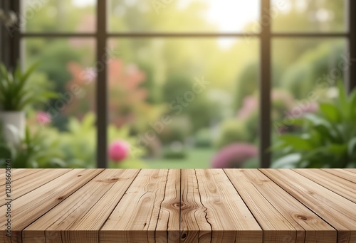 Wooden Tabletop Against Blurred Garden Window Background