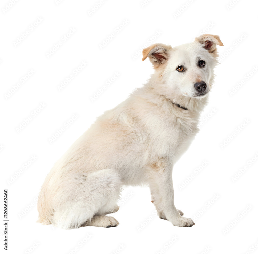 Fluffy Long-Haired White Dog Sitting Sideways with a Tilted Head, PNG file for mock-up. Fluffy Long-Haired White Dog Sitting Sideways with a Tilted Head, PNG file for mock-up.