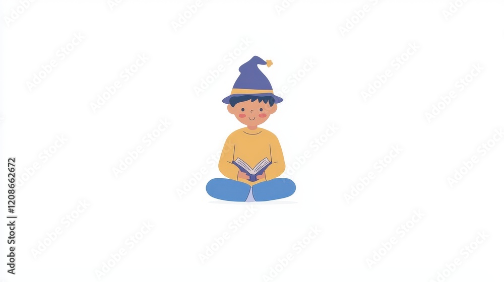 Happy Child Reading Book in Wizard Hat, Colorful Illustration of Imagination and Learning for Kids Happy Child Reading Book in Wizard Hat, Colorful Illustration of Imagination and Learning for Kids