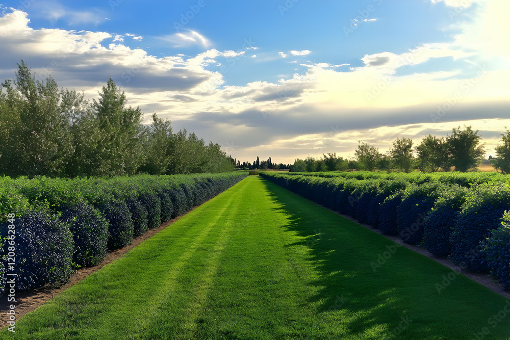 Naklejka premium Lush Green Pathway Divides Rows of Blueberry Bushes Under a Cloudy Sunset Sky