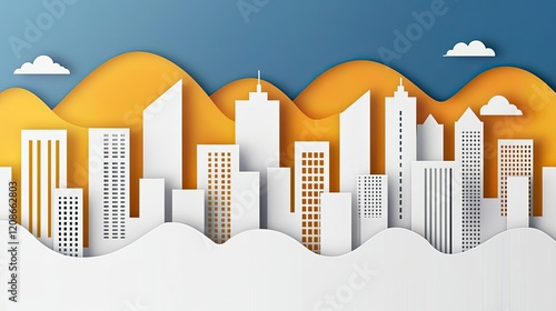 Stylized paper craft city skyline, featuring modern buildings and mountains in the background, vibrant colors and smooth shapes.