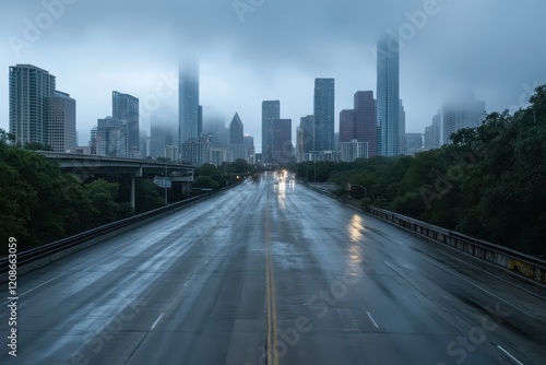 Foggy Cityscape at Dusk with Urban Skyline Emerging from Mist and Reflections on Wet Road Highlighting a Tranquil Yet Mysterious Atmosphere