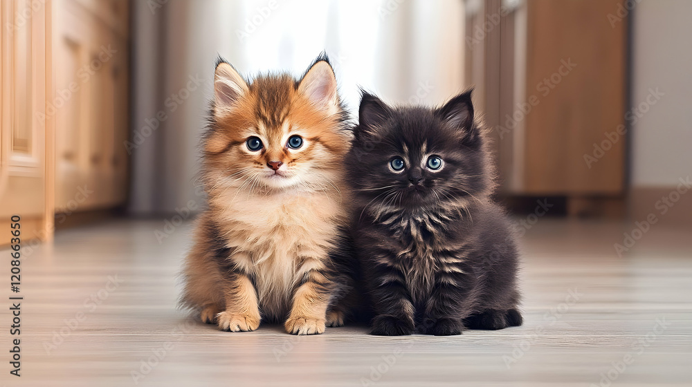 Two Adorable Kittens Sitting Together on a Wooden Floor, Showing Their Fluffy Fur and Big Blue Eyes. Two Adorable Kittens Sitting Together on a Wooden Floor, Showing Their Fluffy Fur and Big Blue Eyes.