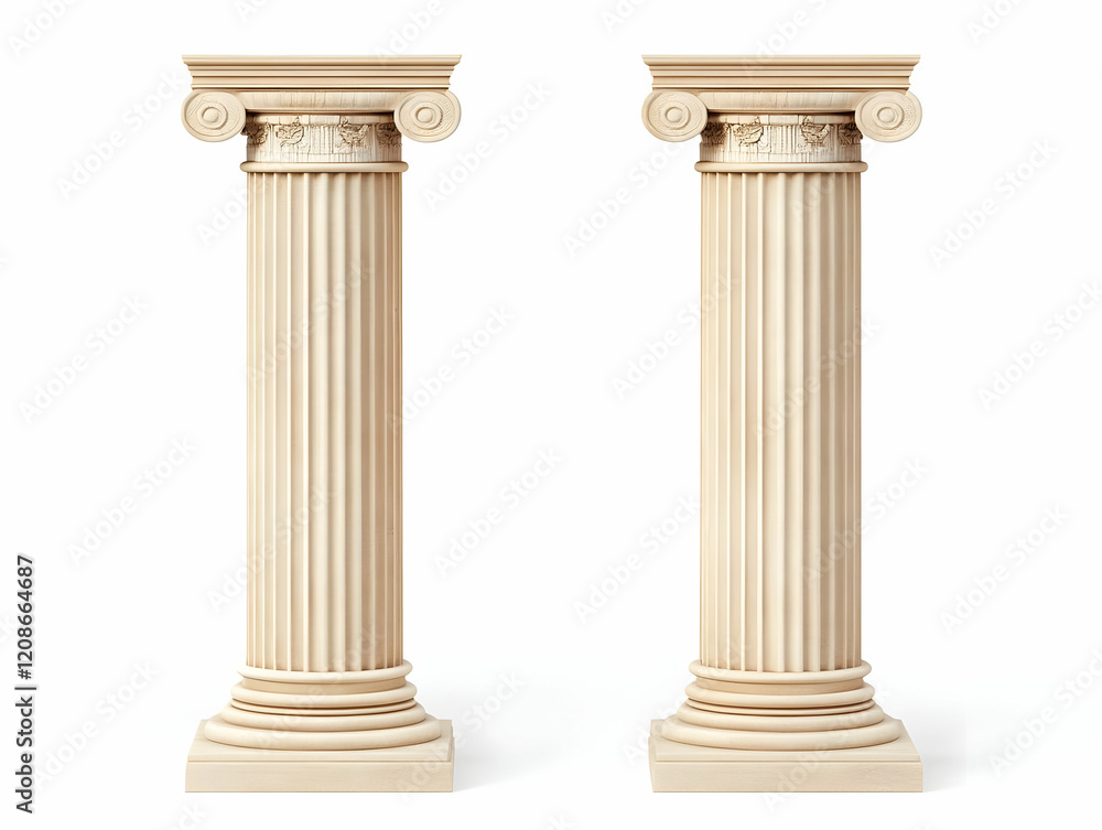 Two Detailed Ionic Columns Stand Proudly, Displaying Intricate Carvings and Elegant Proportions on a Clean White Background. Two Detailed Ionic Columns Stand Proudly, Displaying Intricate Carvings and Elegant Proportions on a Clean White Background.