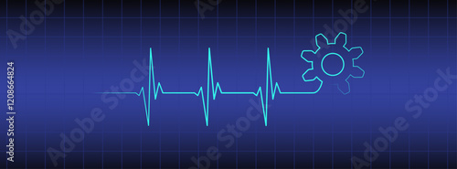 Blue medical monitor editable heart rhythm illustration with gear, heartbeat line vector design to use for healthcare, business, healthy lifestyle, medicine and ekg concept illustration projects. 