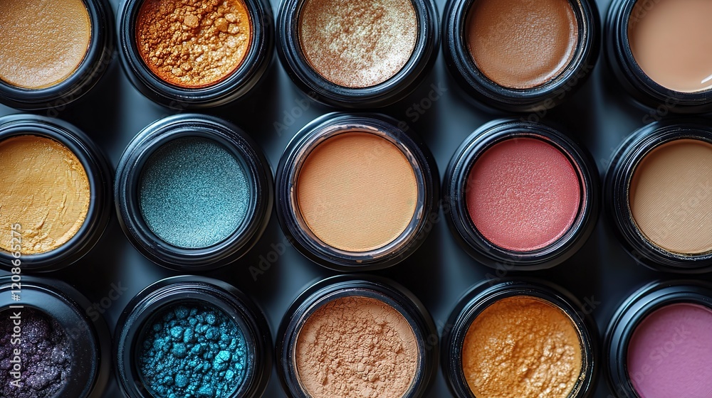 A vibrant collection of eyeshadows in various colors and textures arranged neatly in a grid pattern A vibrant collection of eyeshadows in various colors and textures arranged neatly in a grid pattern