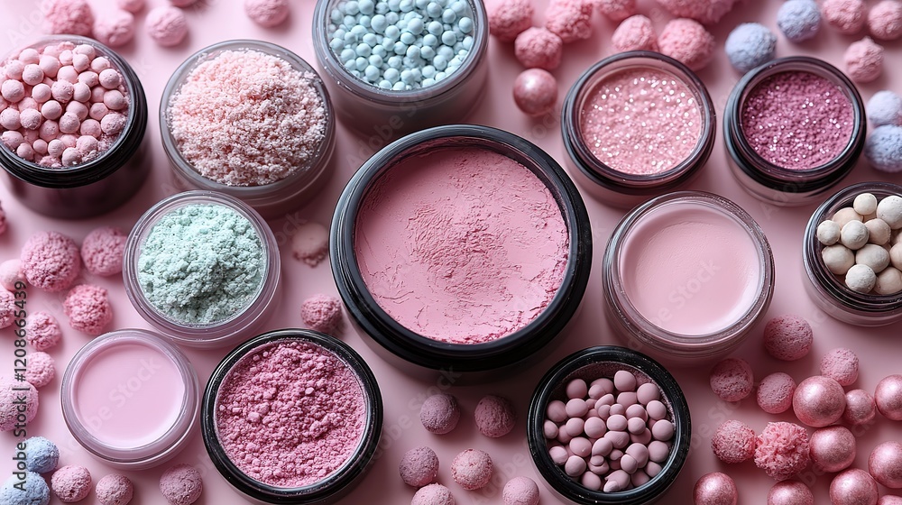 Assorted Makeup Powders and Spheres in Pink Hues on a Solid Background Assorted Makeup Powders and Spheres in Pink Hues on a Solid Background