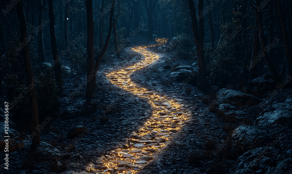 Fototapeta premium Empowerment journey through a mystic forest path enchanted environment nighttime serenity nature's beauty