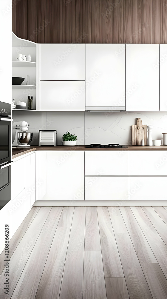 Fototapeta premium Modern White Kitchen with Wooden Backsplash and Light Wood Floors Creates a Clean and Minimalist Space.