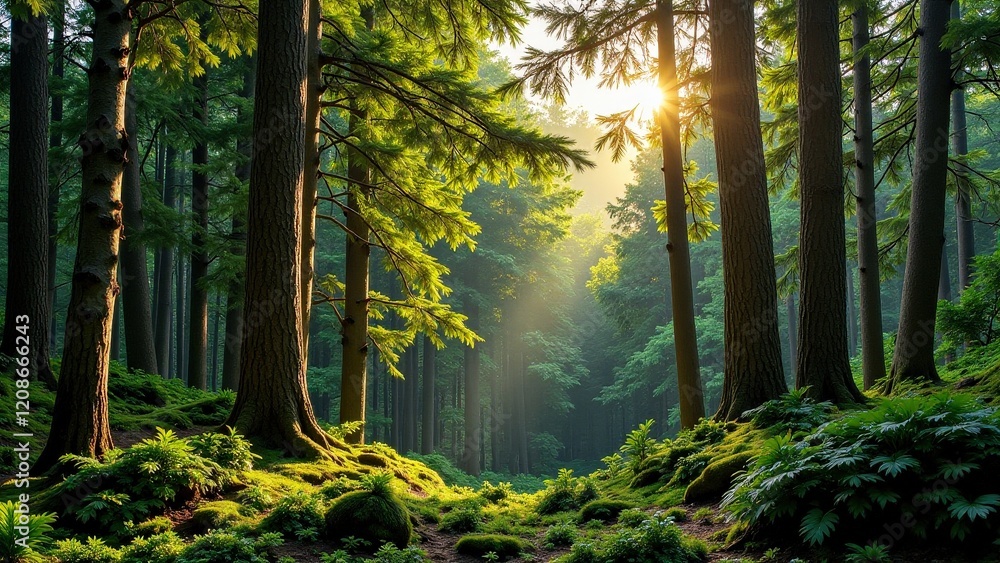 Obraz premium Dappled sunlight dances through towering pines in a serene forest, casting golden patterns on the verdant undergrowth