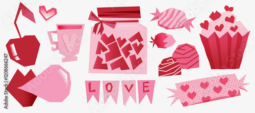 Love stickers set of Valentine day illustrations featuring hearts, candies, a cupcake, a jar