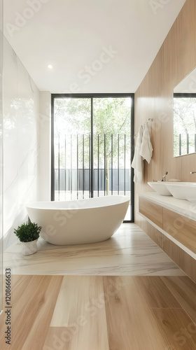 Modern Bathroom Design Showcases a Freestanding Tub  Double Vanity  and Wood Accents Elegantly