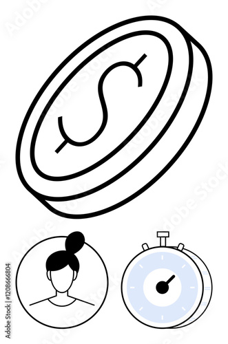 Dollar coin symbolizes financial value, stopwatch reflects time management, and female avatar highlights people focus. Ideal for finance, time, teamwork, budgeting, economy, planning abstract line