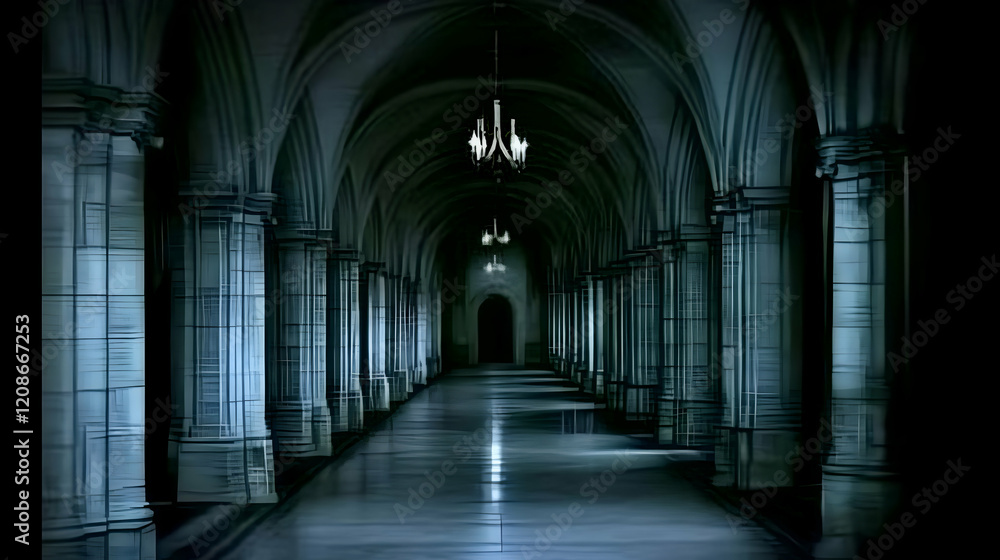 Dark Gothic Hallway Extends into Shadows with Arched Ceilings and Columns Mysteriously Dark Gothic Hallway Extends into Shadows with Arched Ceilings and Columns Mysteriously