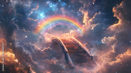 A celestial scene featuring a grand rainbow bridge leading to a staircase ascending into the sky. Rainbow Bridge. Illustration