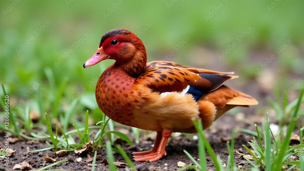 Single chicken duck perched on the ground, detailed feather textures, high depth of field, soft ambient lighting, warm autumnal tones, photorealistic style, professional quality, natural setting, elem Single chicken duck perched on the ground, detailed feather textures, high depth of field, soft ambient lighting, warm autumnal tones, photorealistic style, professional quality, natural setting, elem