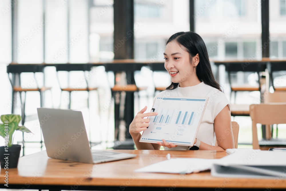 Professional woman showcasing data charts on a tablet in a bright, modern office environment. Professional woman showcasing data charts on a tablet in a bright, modern office environment.