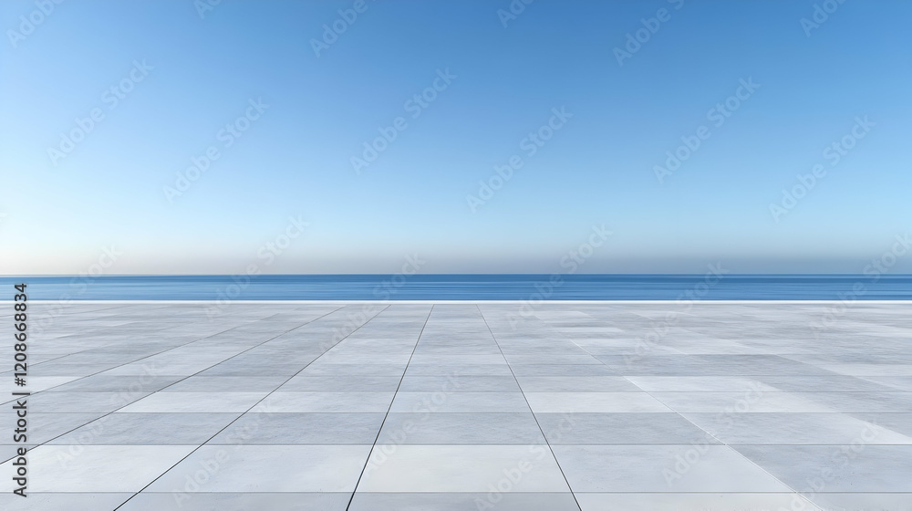 Fototapeta premium Empty square floor and calm sea with clear sky background in morning, showcasing serenity and peace.
