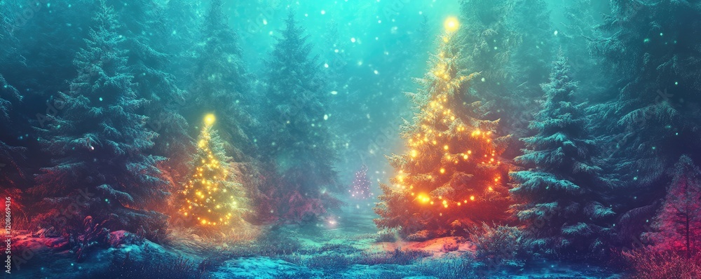 Fototapeta premium Christmas Trees with Festive Lights in a Forest, New Year's Card Illustration, Bright and Colorful Digital Art, Turquoise Magical Background