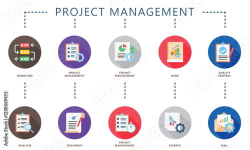 Project management rounded flat color icon, contain workflow, management, book, analysis, document, start up and more. use for UI, UX, app and web development, digital or print. for business, finance.