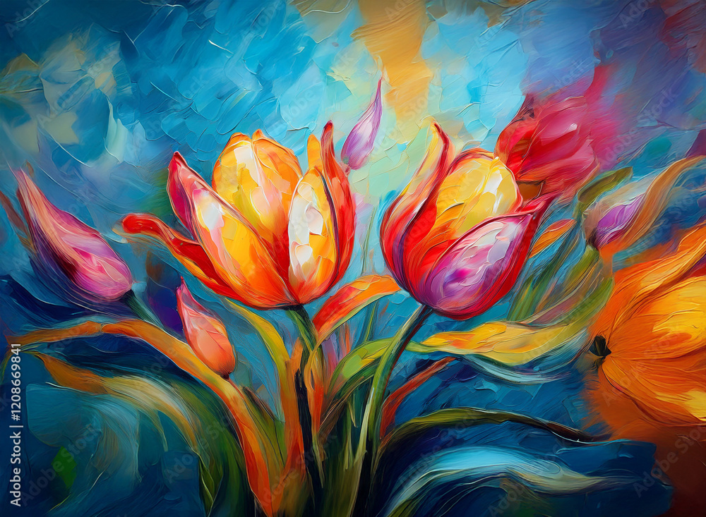 Vibrant tulips in warm and cool hues against a swirling, abstract blue background.  The painting uses bold brushstrokes and rich color contrasts.