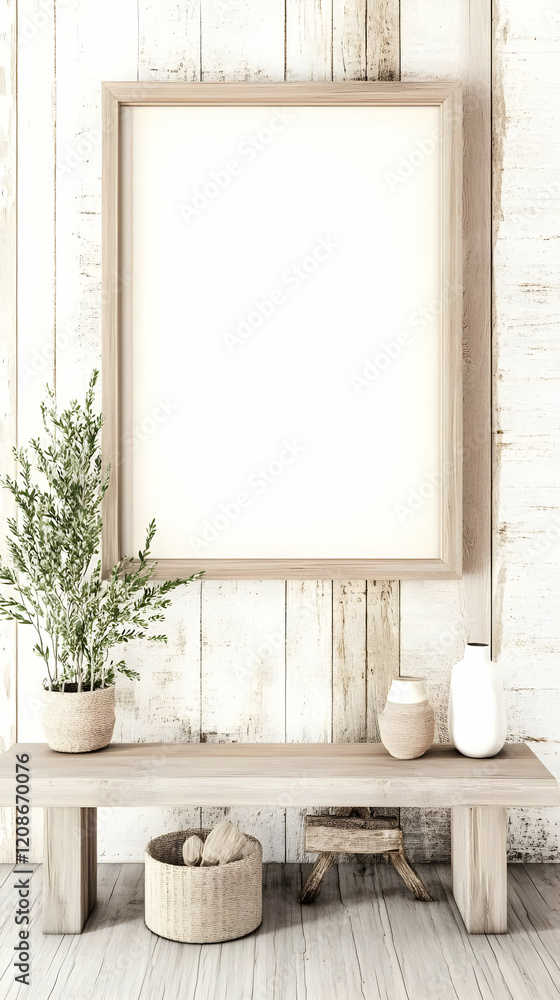 Blank Frame Mockup on Rustic White Wood Wall with Table, Plant, and Vases Displaying Minimalist Style. Blank Frame Mockup on Rustic White Wood Wall with Table, Plant, and Vases Displaying Minimalist Style.