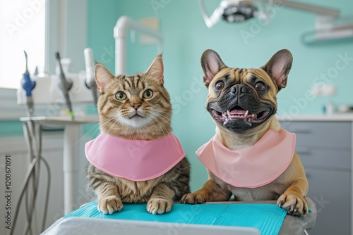 Cat and french bulldog at veterinary clinic wearing bibs photo