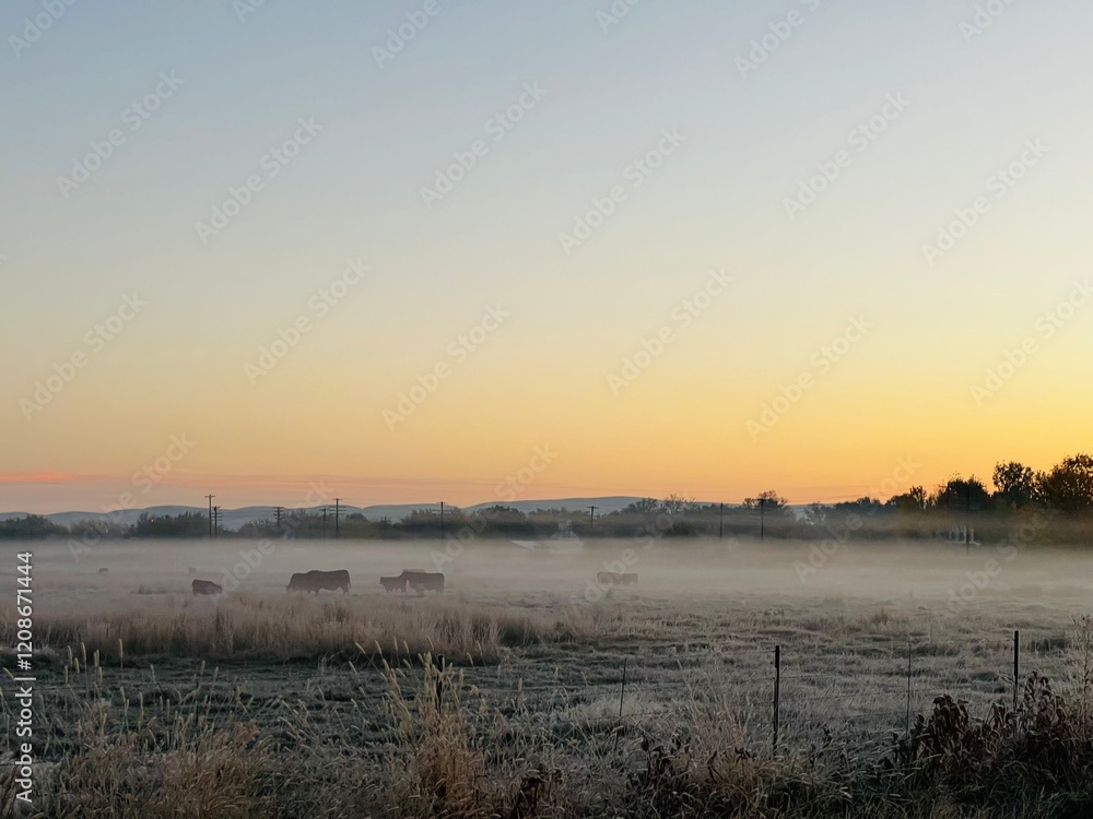 Fototapeta premium Cows in cold sunrise with some fog