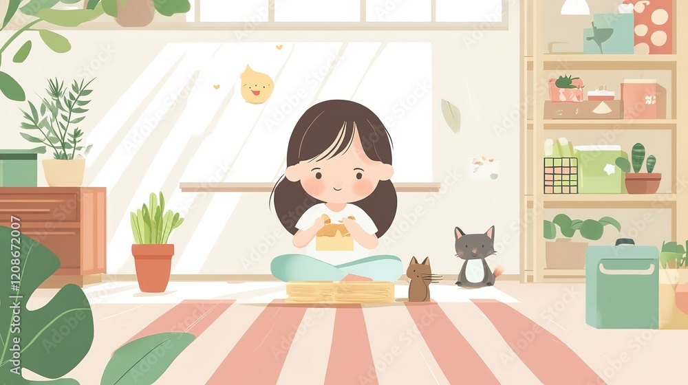 A girl sitting on a mat in a room with plants and two cats illustration, a calming and serene scene A girl sitting on a mat in a room with plants and two cats illustration, a calming and serene scene