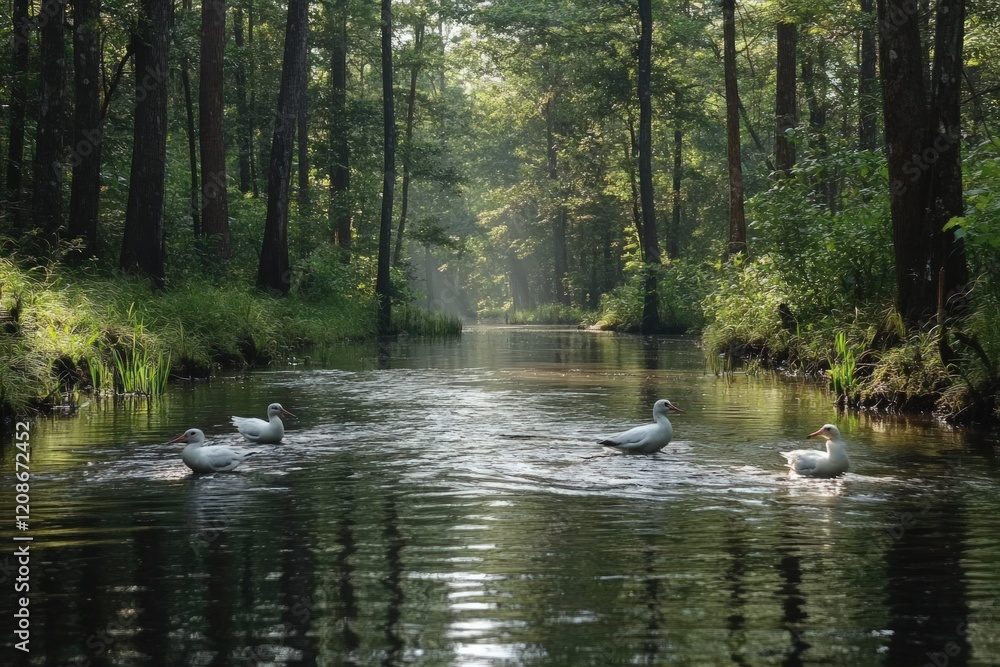 Serene forest stream, four white birds swim. Serene forest stream, four white birds swim.