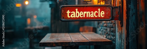 Wallpaper Mural A Rustic Wooden Table Amidst a Cozy Street Setting with Warm Lighting Highlighting a Vibrant Signboard Reading "Tabernacle" in Vintage Style Torontodigital.ca