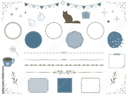 おしゃれなブルー系のフレームやライン、あしらいのイラスト素材セット