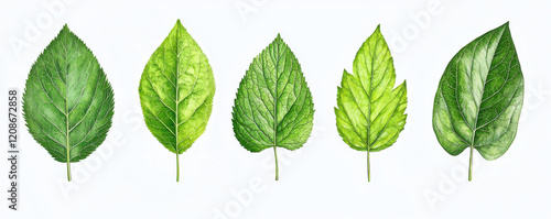 Five different green leaves with unique shapes and textures are arranged in row on white background photo