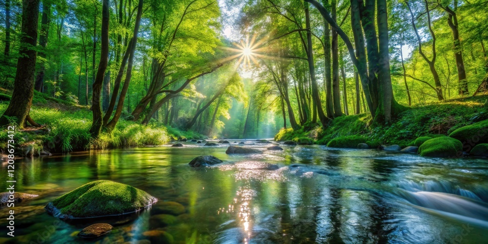 High-resolution photo: a sparkling stream meanders through a vibrant, verdant forest. High-resolution photo: a sparkling stream meanders through a vibrant, verdant forest.
