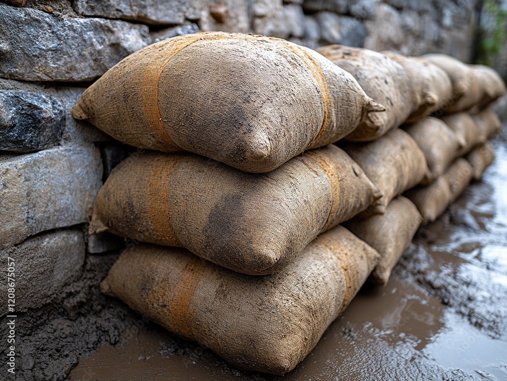 Sandbags stacked against stone wall by muddy floodwater Sandbags stacked against stone wall by muddy floodwater