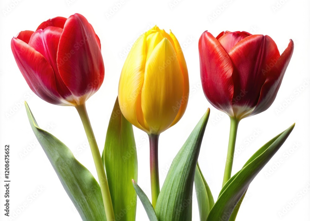 Isolated spring tulips, red and yellow petals burst forth against a pure white background. Isolated spring tulips, red and yellow petals burst forth against a pure white background.