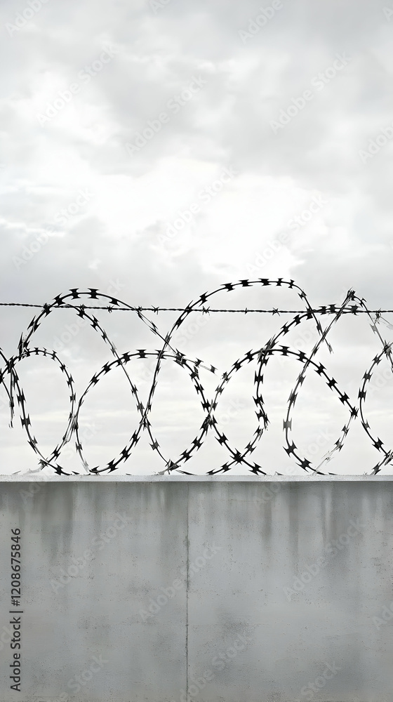 Barbed Wire Fence Crowns a Concrete Wall Under a Cloudy Sky, Symbolizing Security and Boundary Barbed Wire Fence Crowns a Concrete Wall Under a Cloudy Sky, Symbolizing Security and Boundary