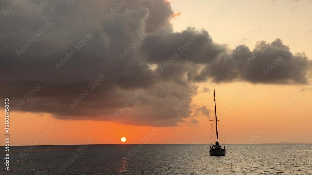 A wooden sailboat anchors in the Indian Ocean at sunset time. 4K High Resolution A wooden sailboat anchors in the Indian Ocean at sunset time. 4K High Resolution