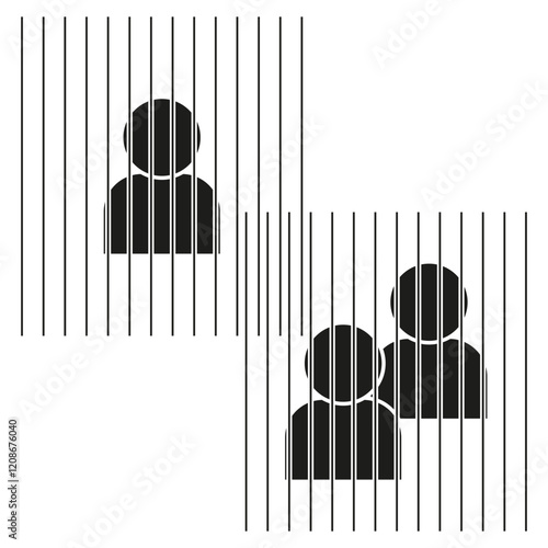 Prisoner icon. Inmate vector silhouette. Behind bars symbol. Black criminal outline.