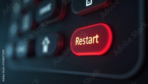 Close-up of a glowing red restart button with bright orange text on a control panel