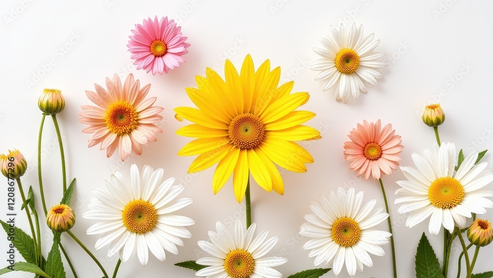 Fototapeta premium Close-knit daisies grace a pristine white wall, with a vibrant yellow bloom at the heart, creating an elegant, intimate bouquet