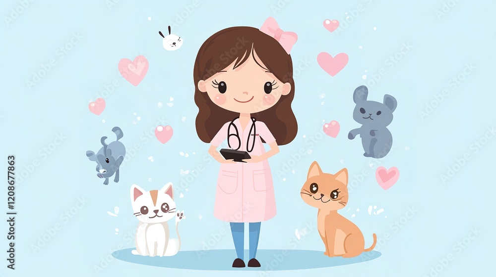 A cartoon illustration of a vet in pink with multiple cute animals surrounding her A cartoon illustration of a vet in pink with multiple cute animals surrounding her