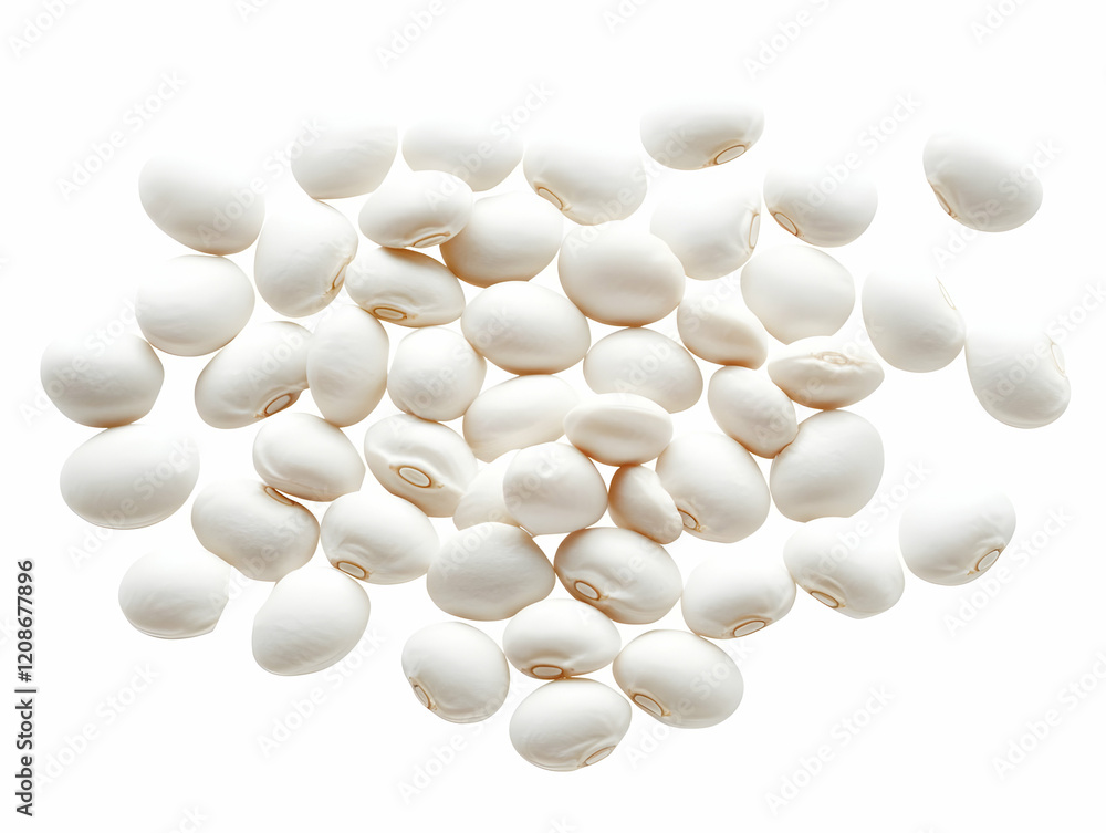 White beans scattered on a white background, perfect for food photography or culinary projects. White beans scattered on a white background, perfect for food photography or culinary projects.