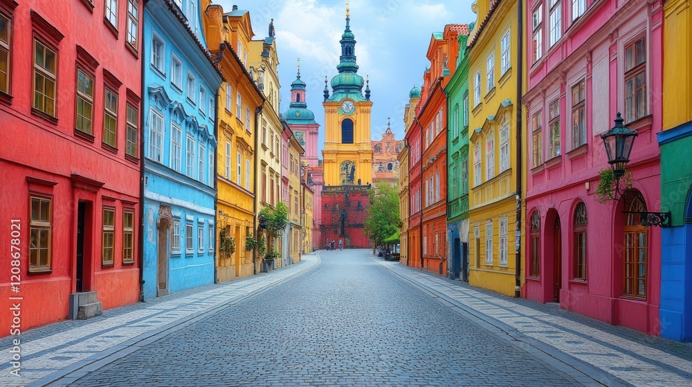 Fototapeta premium Vibrant Street View with Colorful Buildings and Historic Architecture