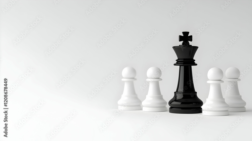 3D Render of Black King Chess Piece Leading White Pawns on a White Background 3D Render of Black King Chess Piece Leading White Pawns on a White Background