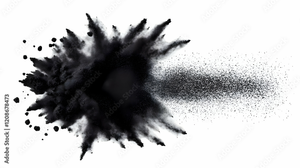 Black powder explosion cloud creates dynamic shape on white background with fine particles. Black powder explosion cloud creates dynamic shape on white background with fine particles.