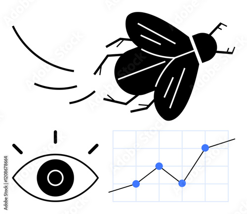 Flying insect in motion, stylized eye with focus lines, and upward-pointing trend chart. Ideal for concepts of growth, observation, analytics, creativity, progress vision problem-solving. Abstract