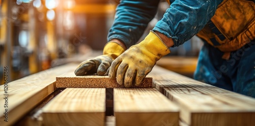 A Craftsperson Carefully Examining a Wooden Plank in a Workshop