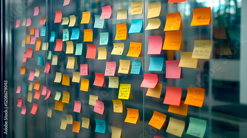 Colorful Sticky Notes Adhere to a Glass Partition, Creating a Visual Display of Information and Ideas.